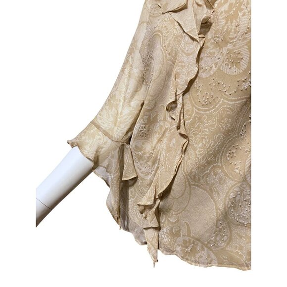 Y2K Silk Ruffled Babydoll Top S Flare Sleeves Beaded Neutral Fairy 100% Silk - Picture 4 of 7